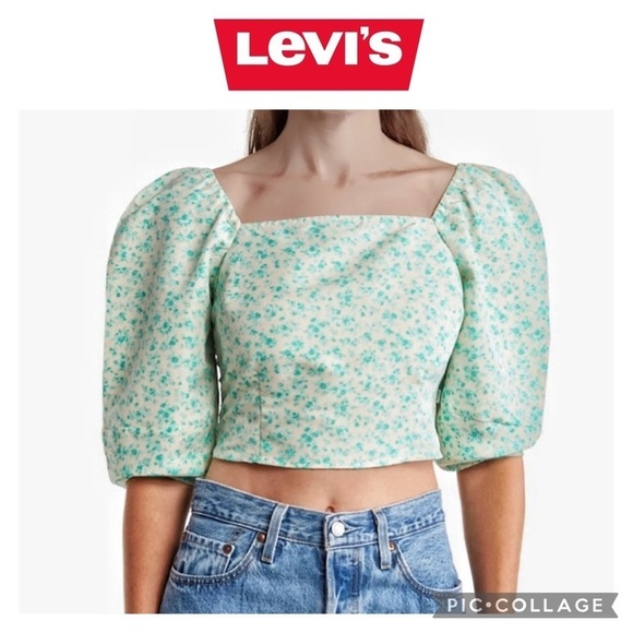 Levi’s Yvie square neck 3/4 sleeves cropped top statement blouse size M NWT - Picture 1 of 12